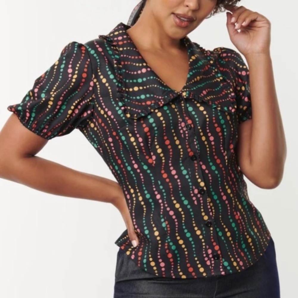 Unique Vintage NWT Size 2X Black Rainbow Polka Dot Puffy Sleeve Button Down Top